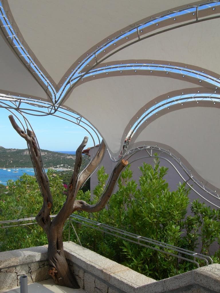 Vista panoramica baia con tensostruttura ombreggiante e albero di ginepro